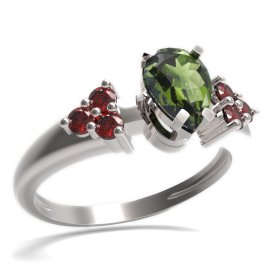 BG prsten s kapkovitým kamenem 495-U Bílé zlato - 585 Vltavín a granát