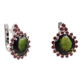 BG náušnice kruhováho tvaru 512-87 Stříbro 925 - rhodium Vltavín a granát