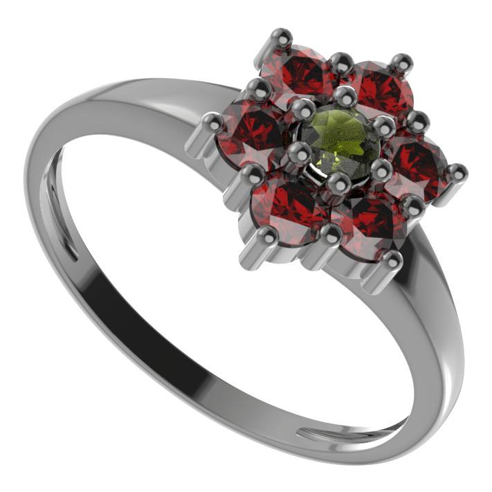 BG prstýnek 002 Stříbro 925 - ruthenium (30-90dní) Vltavín a granát