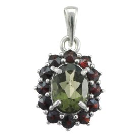 BG přívěs vsazeny kameny:český granát  525 Stříbro 925 - rhodium Vltavín a granát