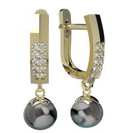 BG zlaté náušnice 561 s černou perlou Žluté zlato - 585 Diamant a tahiti perla