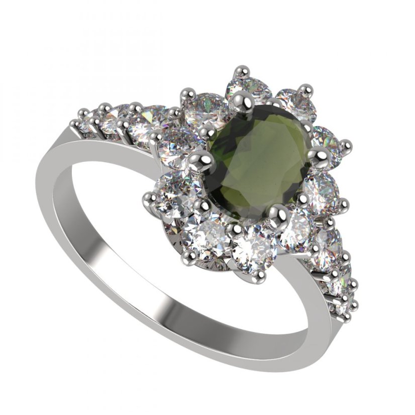 BG prsten oválný 756-Z Bílé zlato - 585 Vltavín a  kubický zirkon