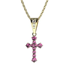 Zlatý přívěsek křížek s růžovým zirkonem, žluté zlato 585 – 256 (ZN342562)