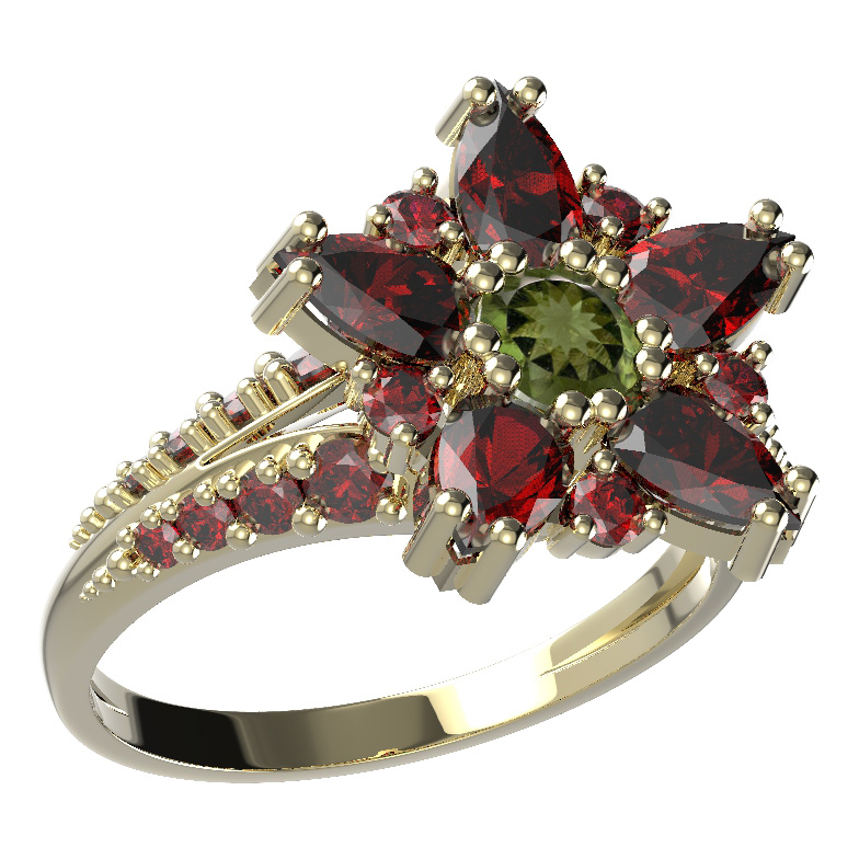 BG prsten ve tvaru hvězdy 521-G Žluté zlato - 585 Vltavín a granát