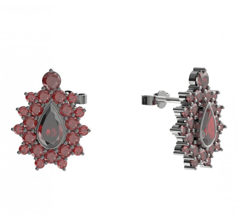 Stříbrné náušnice kapka s českým granátem, ruthenium, puzety – 147