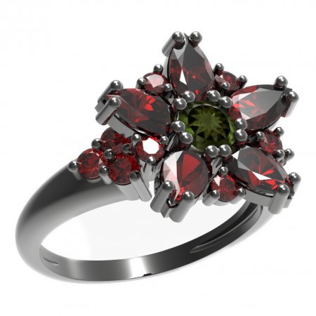 BG prsten ve tvaru hvězdy 521-U - Kov: Stříbro 925 - rhodium, Kámen: Vltavín a granát