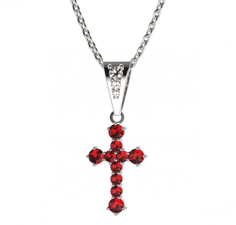 Zlatý přívěsek křížek s červeným zirkonem, bílé zlato 585 – 256 (ZI442562)
