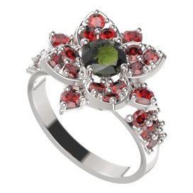 BG prsten 735-X oválného tvaru Bílé zlato - 585 Vltavín a granát