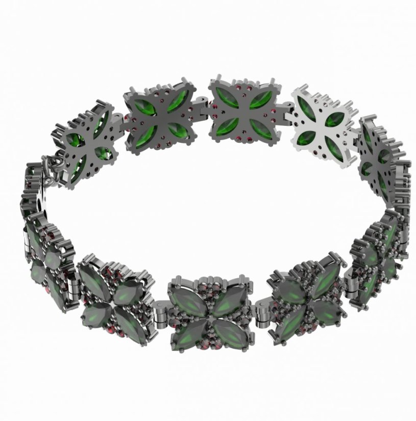 Stříbrný náramek s vltavínem a českým granátem, ruthenium – 408