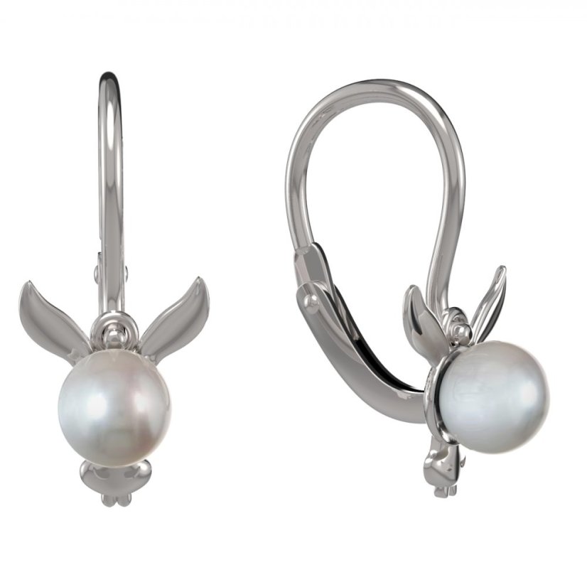 Zlaté dětské náušnice oslík s bílou perlou, bílé zlato 585, brizura – BeKid 1396