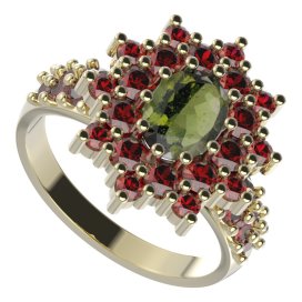 BG prsten 249-X oválného tvaru Žluté zlato - 585 Vltavín a granát