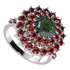 BG prsten 457-Z kulatého tvaru Stříbro 925 - rhodium Vltavín a granát