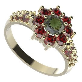 BG prsten 023-X kulatého tvaru Žluté zlato - 585 Vltavín a granát