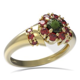 BG prsten kulatý kámen 497-K Žluté zlato - 585 Vltavín a granát