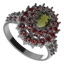 BG prsten 001-X oválného tvaru Stříbro 925 - ruthenium (30-90dní) Vltavín a granát