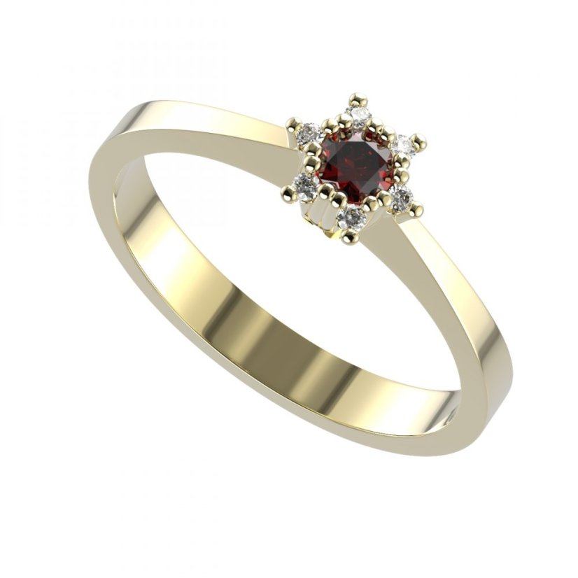 Zlatý prsten s českým granátem a diamantem, žluté zlato 585 – 765