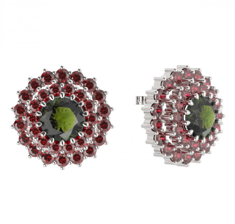 BG náušnice kulaté -  457 Stříbro 925 - rhodium Vltavín a granát