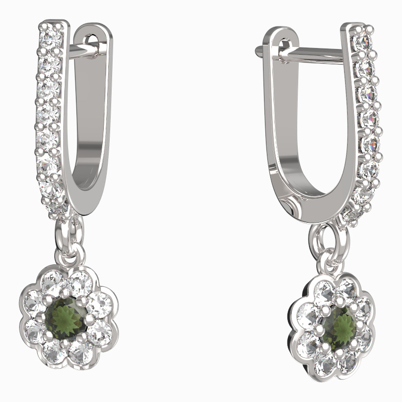 BG vltavínové náušnice 552 Bílé zlato - 585 Vltavín a diamant