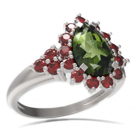 BG prsten s kapkovitým kamenem 505-U - Kov: Stříbro 925 - rhodium, Kámen: Vltavín a granát