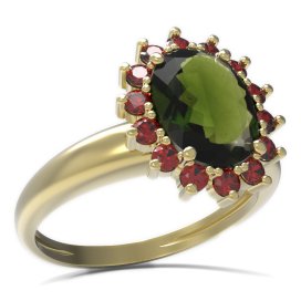 BG prsten s oválným kamenem 516-I Žluté zlato - 585 Vltavín a granát