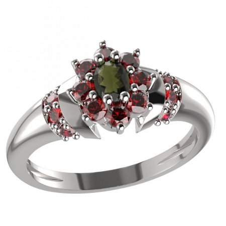 BG prsten s oválným kamenem 627-K - Kov: Stříbro 925 - rhodium, Kámen: Vltavín a granát