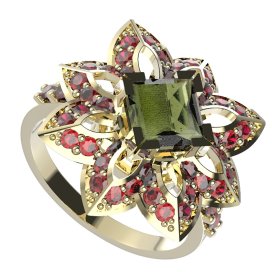 BG prsten 733-Z oválného tvaru Žluté zlato - 585 Vltavín a granát