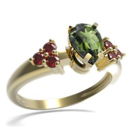 BG prsten s kapkovitým kamenem 495-U Žluté zlato - 585 Vltavín a granát