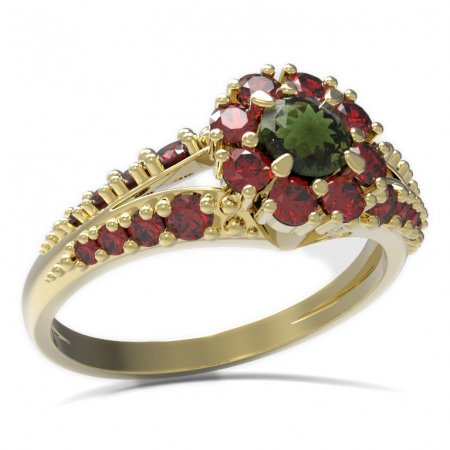 BG prsten s kulatým kamenem 497-G - Kov: Stříbro 925 - rhodium, Kámen: Vltavín a granát