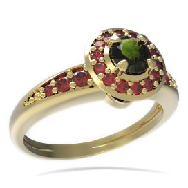 BG prsten kulatý kámen 541-J Žluté zlato - 585 Vltavín a granát