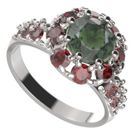 BG prsten 472-X kulatého tvaru Stříbro 925 - rhodium Vltavín a granát