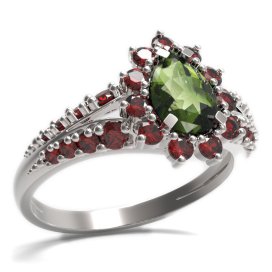 BG prsten s kapkovitým kamenem 509-G Bílé zlato - 585 Vltavín a granát