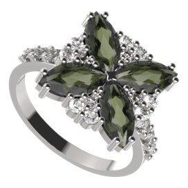 BG prsten 408-Z solitérního tvaru Stříbro 925 - rhodium Vltavín a  kubický zirkon