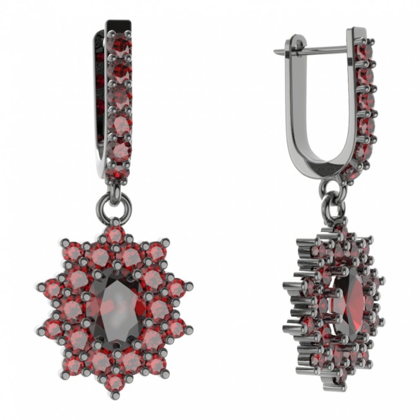 Stříbrné náušnice s českým granátem, ruthenium, visací – 249-94