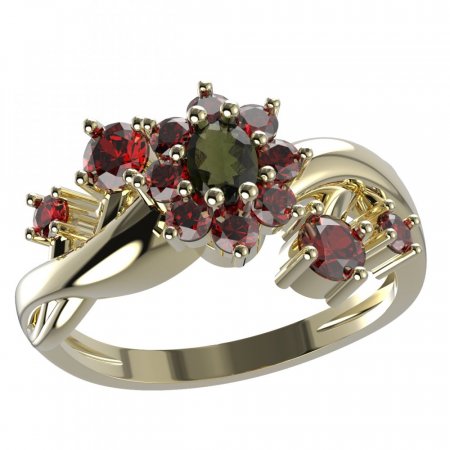 BG prsten s oválným kamenem 627-P - Kov: Pozlacené stříbro 925, Kámen: Vltavín a  kubický zirkon