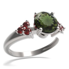 BG prsten s kulatým kamenem 474-U Stříbro 925 - rhodium Vltavín a granát