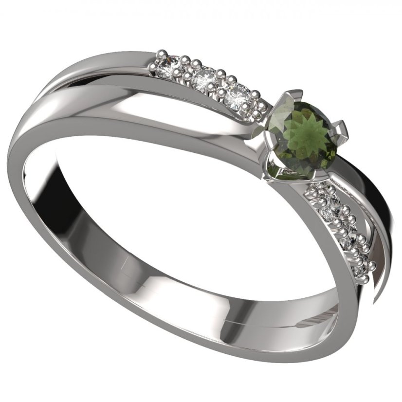 BG granátový a vltavínový  prstýnek 1443 Bílé zlato - 585 Vltavín a diamant