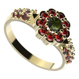 BG prsten 453-X kulatého tvaru Žluté zlato - 585 Vltavín a granát