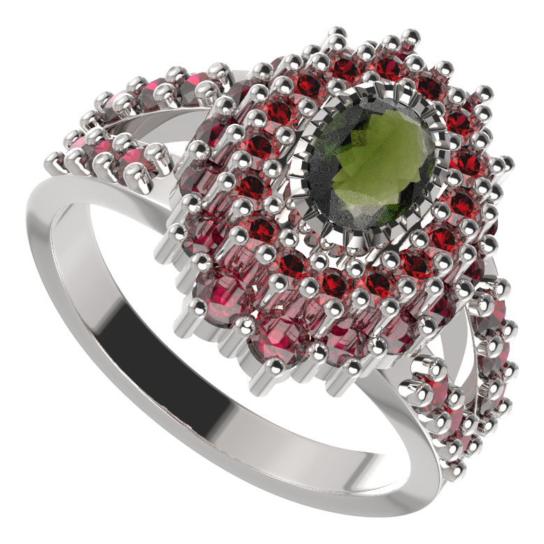 BG prsten oválný 243-Y Stříbro 925 - rhodium Vltavín a granát