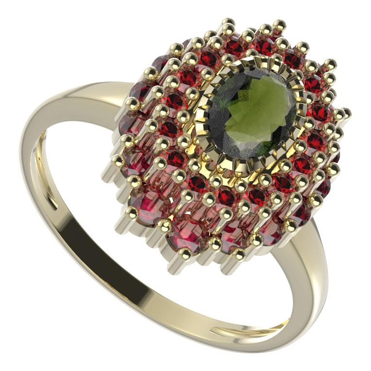 BG prsten oválný 243-I Stříbro 925 - pozlacené Vltavín a granát