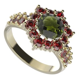 BG prsten 230-X kulatého tvaru Žluté zlato - 585 Vltavín a granát