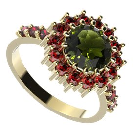 BG prsten 096-Z kulatého tvaru Žluté zlato - 585 Vltavín a granát