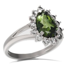 BG prsten kapkovitý kámen 505-V Stříbro 925 - rhodium Vltavín a  kubický zirkon