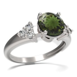 BG prsten s kulatým kamenem 474-U Stříbro 925 - rhodium Vltavín a  kubický zirkon