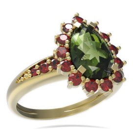 BG prsten kapkovitý kámen 505-J Žluté zlato - 585 Vltavín a granát