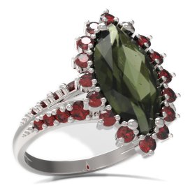 BG prsten s oválným kamenem 513-G Bílé zlato - 585 Vltavín a granát