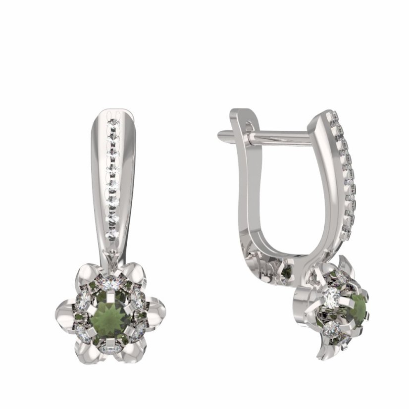 BG vltavínové náušnice 878 Bílé zlato - 585 Vltavín a diamant