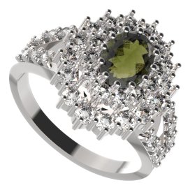 BG prsten oválný 001-Y Stříbro 925 - rhodium Vltavín a  kubický zirkon