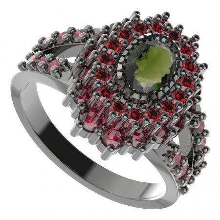 BG prsten oválný 243-Y - Kov: Stříbro 925 - rhodium, Kámen: Vltavín a granát