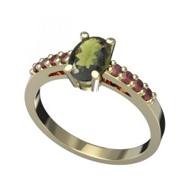 BG prsten český přírodní granát  711 Žluté zlato - 585 Vltavín a granát