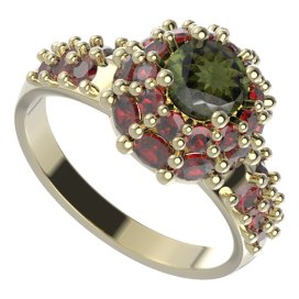 BG prsten 751-X kulatého tvaru Žluté zlato - 585 Vltavín a granát